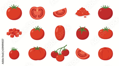 Large collection of fresh red tomato vector illustrations featuring various shapes such as whole fruits, sliced halves, wedges, diced pieces, cherry tomatoes on vines, plum, and beefsteak types.