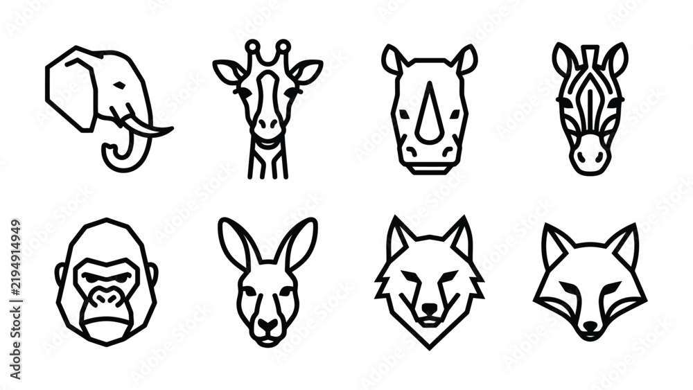 Fototapeta premium Animal Icon Set: A collection of stylized, minimalist line art icons featuring various wild animals, including an elephant, giraffe, rhinoceros, zebra, gorilla, kangaroo, wolf, and fox.