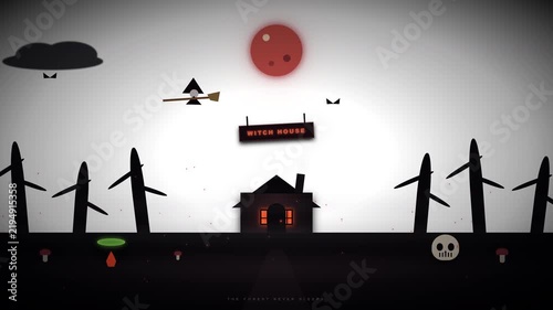 Stylized flying witch animation in spooky halloween night landscape