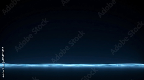 Abstract Blue Neon Horizon Line Glowing over Dark Water Surface in Minimalist Digital Environment with Futuristic Technology Mood and Sleek Cyberpunk Aesthetic Background Design