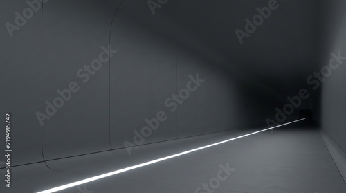 Dark Futuristic Minimalist Corridor with Glowing Linear Floor Light Leading into Shadowy Deep Space, Modern Architectural Interior with Smooth Gray Walls and Moody Cinematic Lighting