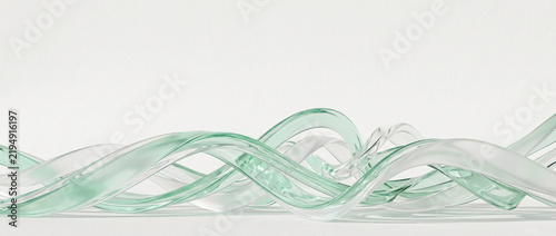 Abstract Flowing Glass Waves in Mint Green and Clear Translucent Ribbons on White Textured Surface with Soft Lighting, Elegant Minimalist 3D Render Banner Background for Modern Web Design