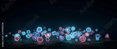 Abstract Bioluminescent Geometric Shapes and Jellyfish Organisms Floating Over a Dark Seafloor Background with Glowing Neon Blue and Pink Lighting, Futuristic 3D Digital Illustration