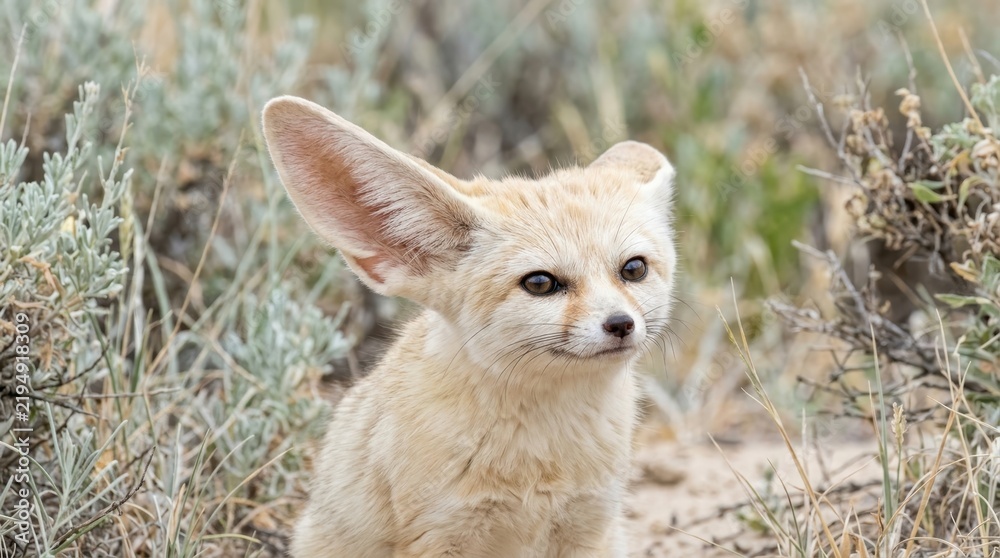 Fototapeta premium Fennec Fox in Desert Shrubbery: A curious fennec fox with its remarkably large ears and sandy-colored fur is nestled amongst the dry desert shrubbery, alert and watchful in its arid habitat.