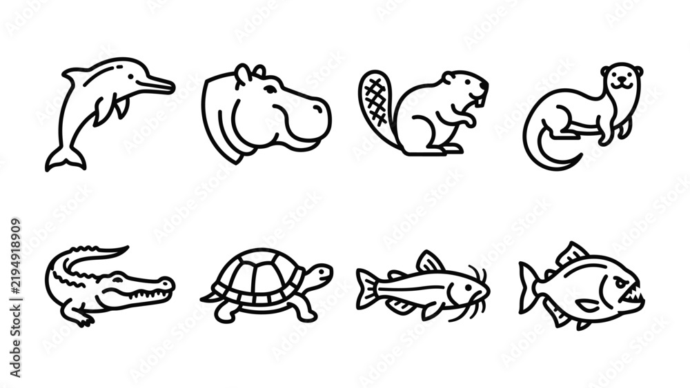 Obraz premium Set of Animal Icons: A collection of minimalist, line-art icons representing various aquatic and semi-aquatic animals, including a dolphin, hippopotamus, beaver, otter, alligator, turtle, fish.