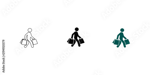 Set of three icons showing a person carrying heavy shopping bags isolated on a white background