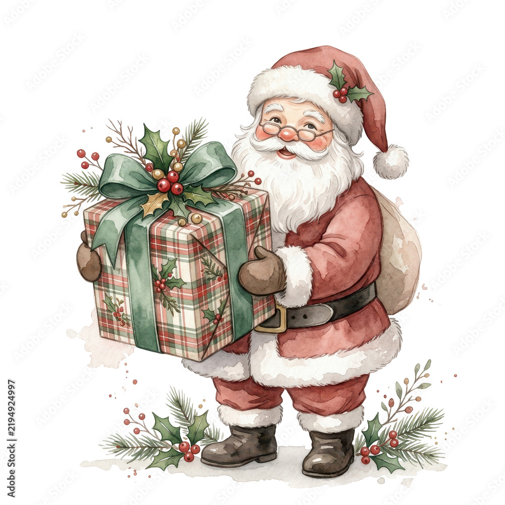 Obraz premium Santa Claus Delivering Gifts: A cheerful Santa Claus, dressed in his iconic red suit, holds a beautifully wrapped present and a sack full of holiday surprises.