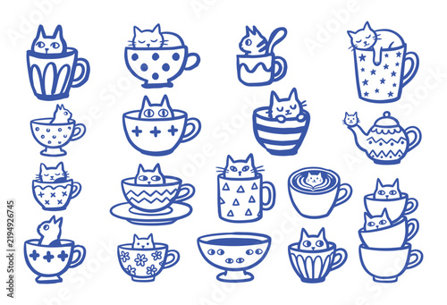 Foto Set of cute hand drawn blue cat characters inside various teacups and mugs
