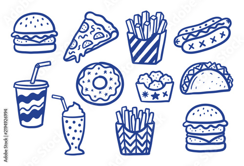 Set of hand drawn fast food icons featuring burger pizza french fries and drink illustrations