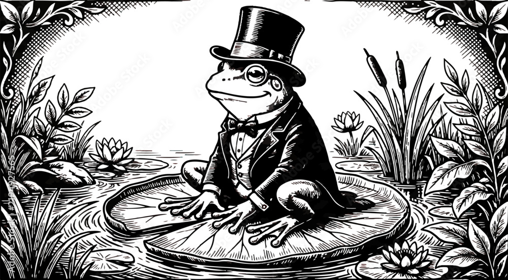 Obraz premium Vintage engraving illustration of a dressed frog wearing a top hat and monocle sitting on a lily pad with retro animal water lily fairy tale classic art black