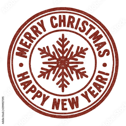 Merry christmas and happy new year circular stamp badge with a snowflake symbol in red color