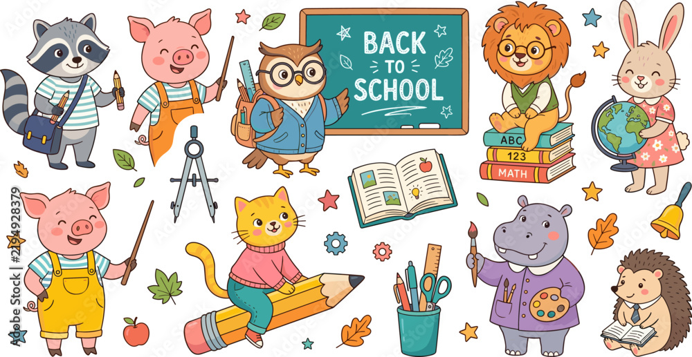 Fototapeta premium Cute animals back to school set with school supplies