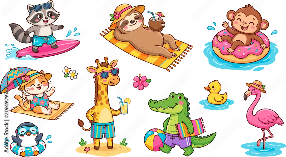 Obraz premium Cute cartoon animals on summer vacation set with sloth, monkey, giraffe, and flamingo