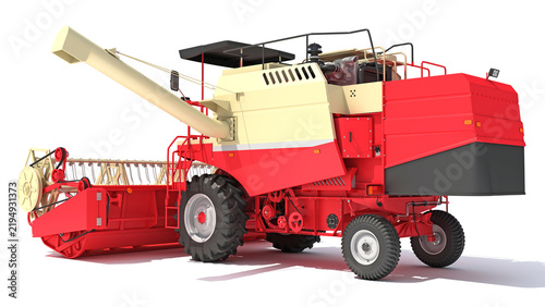 Obraz na plátně Farm Combine Harvester 3D rendering on white background