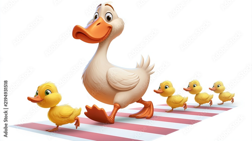 Obraz premium Happy mother duck leading her cute yellow ducklings walking across a red and white striped crosswalk with joyful expression.