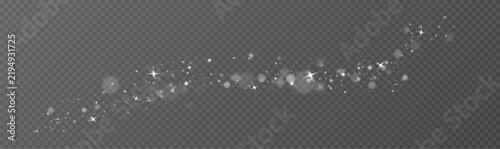 White glowing sparkle dust and glitter particles on transparent background. Magic light bokeh and shining star effect overlay banner
