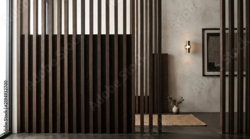 Modern wooden slat room divider in a bright contemporary living room