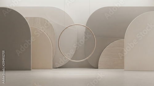 Abstract beige podium with geometric shapes and a floating gold ring