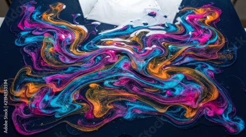Abstract liquid paint swirls in bright neon colors on dark background
