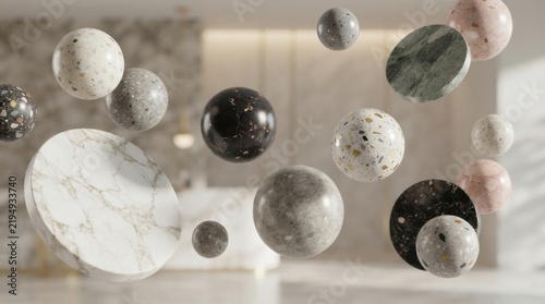 Floating terrazzo and marble spheres in a modern bright room interior