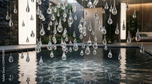 Clear glass rain drop ornaments hanging over a dark indoor water pool