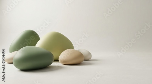 Smooth round stones in pastel green and beige colors on a surface
