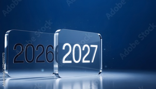 Two glass blocks with 2026 and 2027 numbers transition for new year celebration.