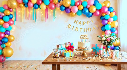 Festive birthday party table with cake and colorful balloon arch