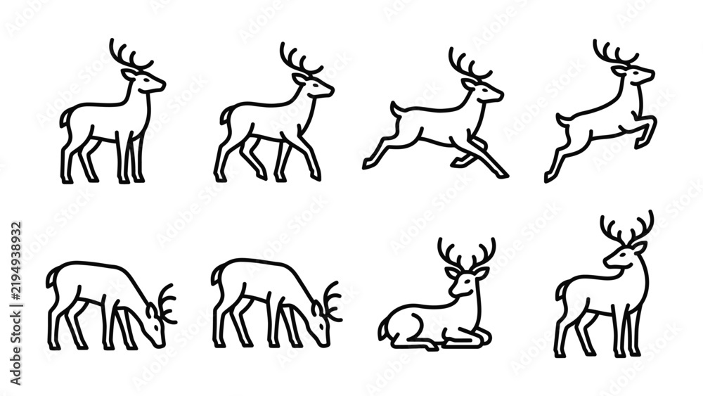 Fototapeta premium Deer Poses Collection: A set of eight diverse line art illustrations depicting a deer in various poses, including standing, walking, running, jumping, grazing, and resting.