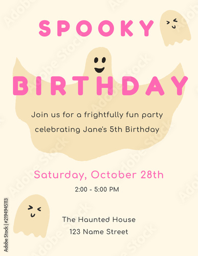Cute spooky birthday invitation template with friendly ghost characters. Hand drawn kawaii Halloween party card for kids celebration. Design for fifth birthday announcement and greeting projects.