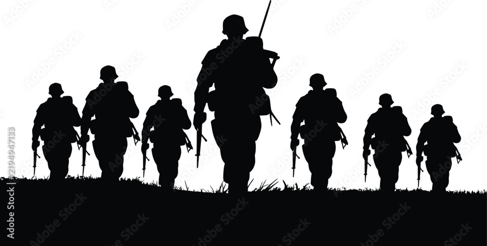 Obraz premium Black silhouettes of a group of soldiers marching in a line across a field, carrying rifles and wearing helmets, isolated on a white background