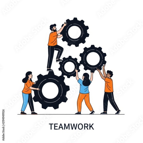 Teamwork illustration with people building gears together