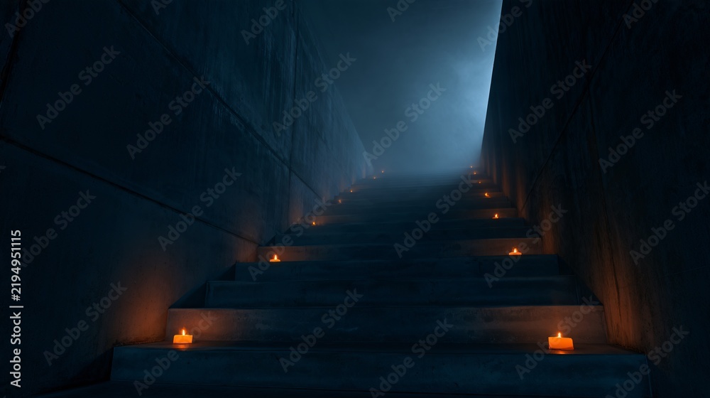 Fototapeta premium A Halloween background depicting a narrow staircase descending into darkness, illuminated only by small orange candles placed along the steps, deep architectural shadows and atmospheric haze