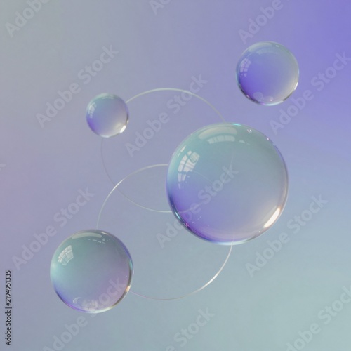three soap bubbles floating air bubbles different sizes shapes largest one center two smaller ones either side largest bubble light blue color while smaller ones darker blue background gradient light