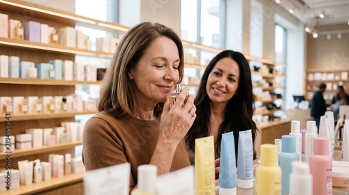 Mature woman testing a perfume with assistance in a cosmetics store
