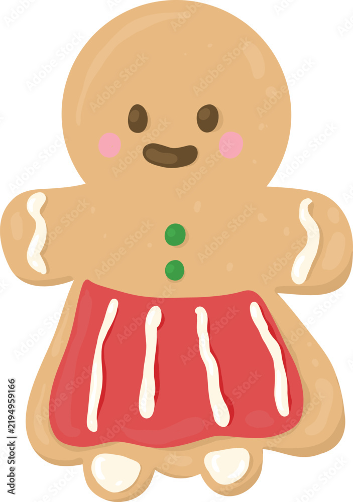Obraz premium Adorable baked gingerbread woman girl cookie decorated with sweet icing for traditional Christmas winter holiday treats