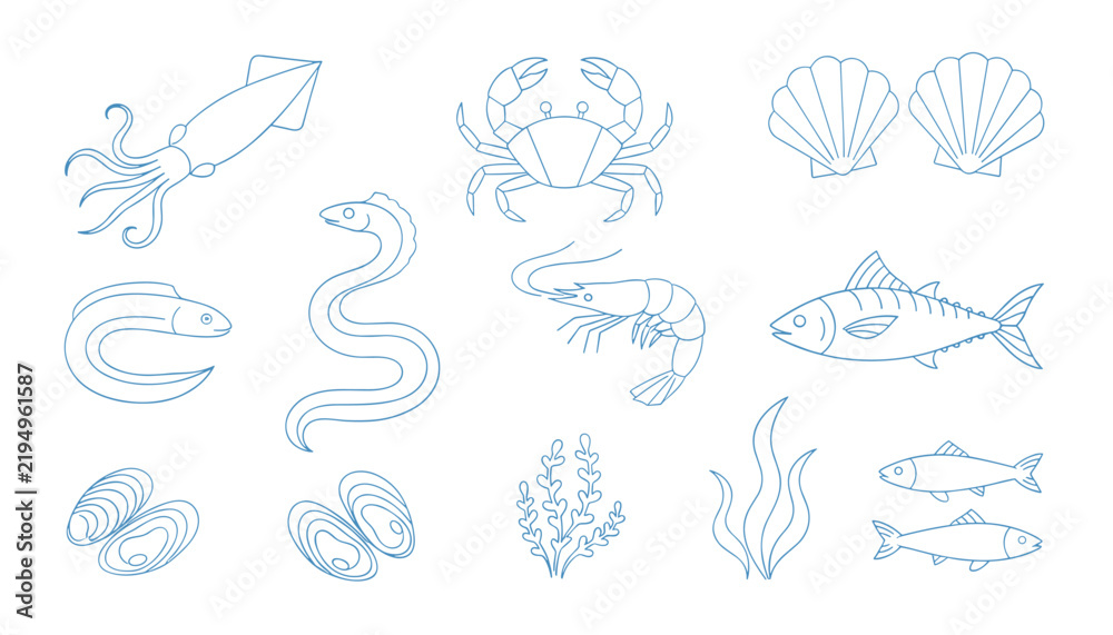 Obraz premium Detailed blue outline icons of various seafood including squid, crab, fish, shrimp, fresh oysters and seaweed.