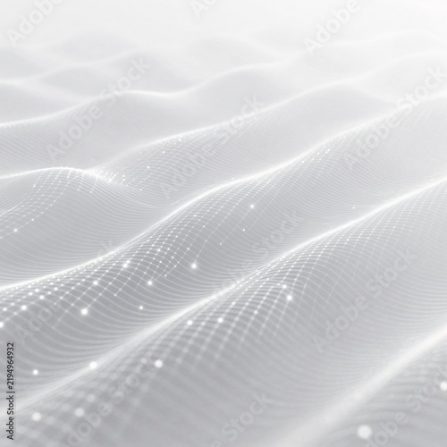 abstract digital art piece white background features series wavy lines create wave like pattern lines arranged way creates sense depth dimension small dots scattered throughout overall effect modern