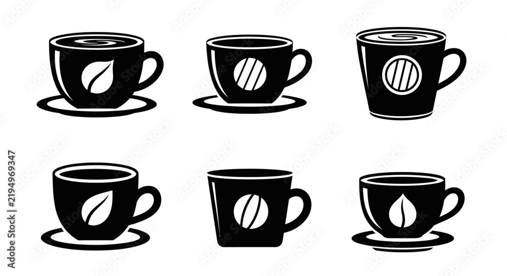 Fototapeta premium Set of black coffee cup icons with leaf and bean symbols on saucers representing organic espresso and herbal tea drinks for eco friendly cafe branding assets