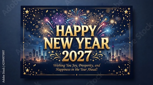 Happy new year 2027 greeting card with fireworks and city