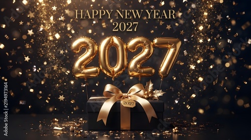 Happy new year 2027 gold balloons with gift box and confetti