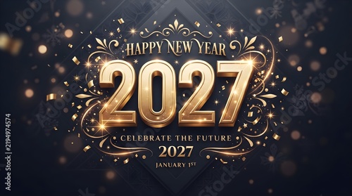 Happy new year 2027 gold text with decorative elements