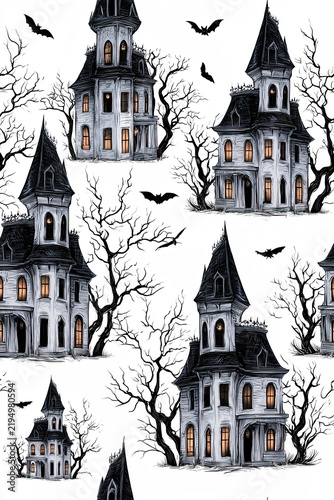 Seamless illustration of gothic haunted houses with pointed roofs and glowing windows, surrounded by leafless trees and flying bats in a dark theme