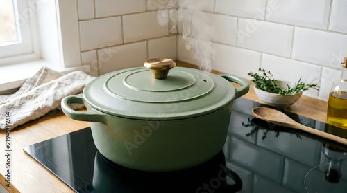Olive green dutch oven on a stovetop in a bright kitchen setting