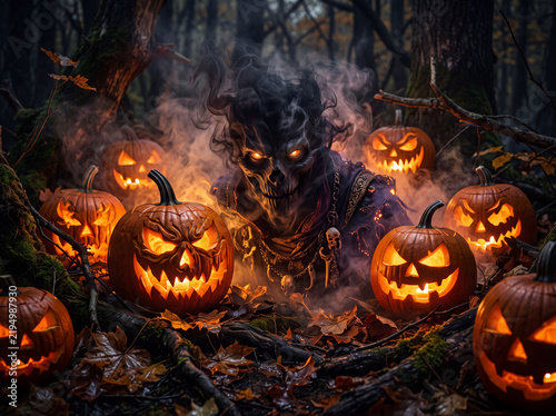 Menacing skeleton surrounded by lit jack-o'-lanterns in a misty forest