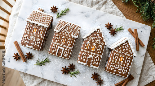 Festive gingerbread houses decorated with icing and winter foliage on marble