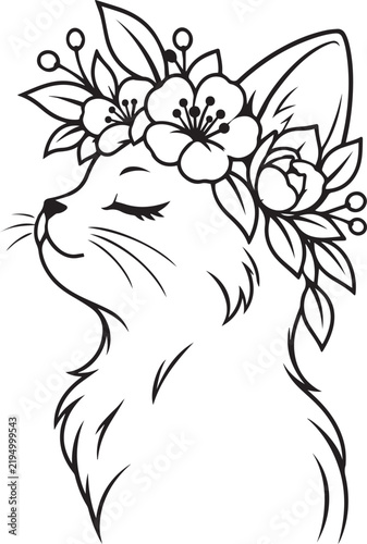 Outline of cat wearing floral crown with eyes closed for beauty and feminine designs.