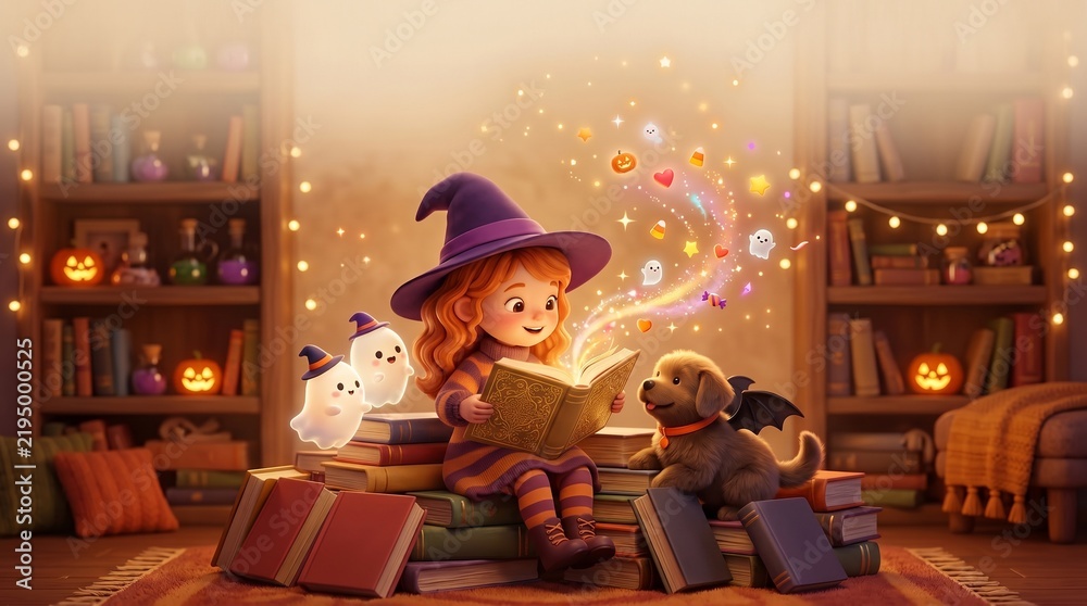 Obraz premium Little girl in witch costume reading a magic book with puppy
