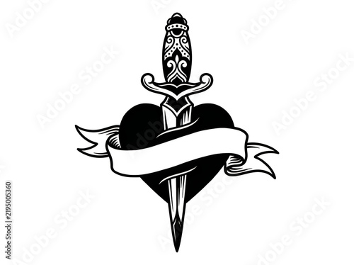Black dagger through heart tattoo style design