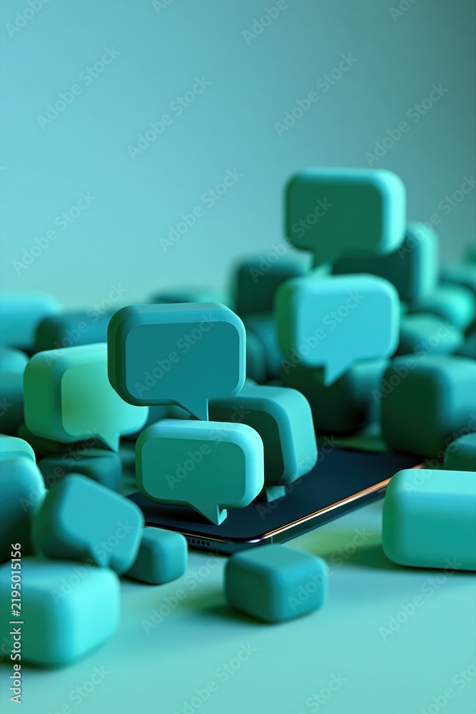 Fototapeta premium Chaotic message bubbles transforming into organized stream around smartphone